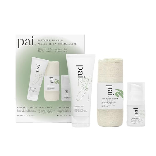 Pai Skincare - Partners in Calm Kit | Middlemist Seven Cream Cleanser (50 ml) + Twin Flyer Cotton Cloth + The Anthemis Moisturizer (15 ml) | Natural, Vegan, Sensitive Skincare (3 Piece Set)