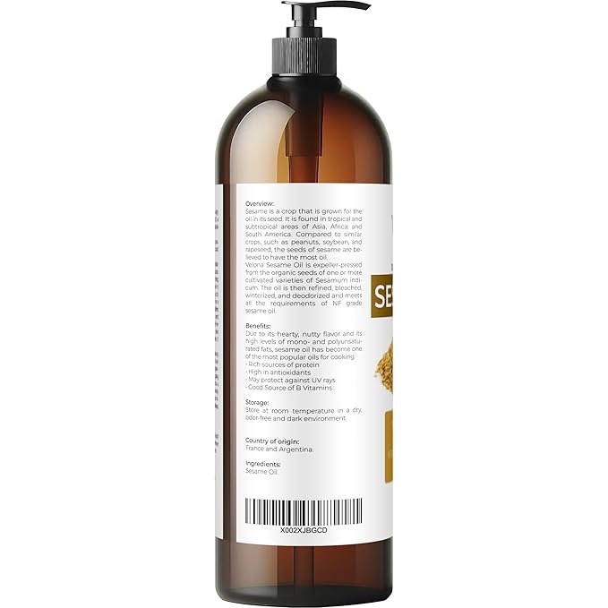 Sesame Seed Oil by Velona - 32 fl oz | 100% Pure and Natural Carrier Oil | Refined, Expeller Pressed | Cooking, Skin, Hair, Body & Face Moisturizing | Use Today - Enjoy Results
