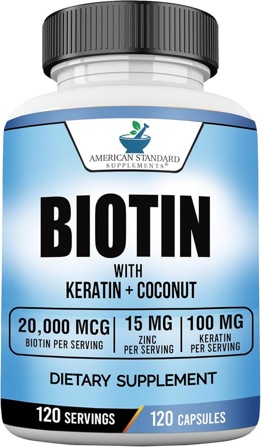 Biotin 20,000mcg with Keratin, Coconut Powder and Zinc, Hair Growth Supplements, Biotin Supplements, Healthy Hair Skin & Nails for Adults,120 Veggie Capsules, 120 Day Supply