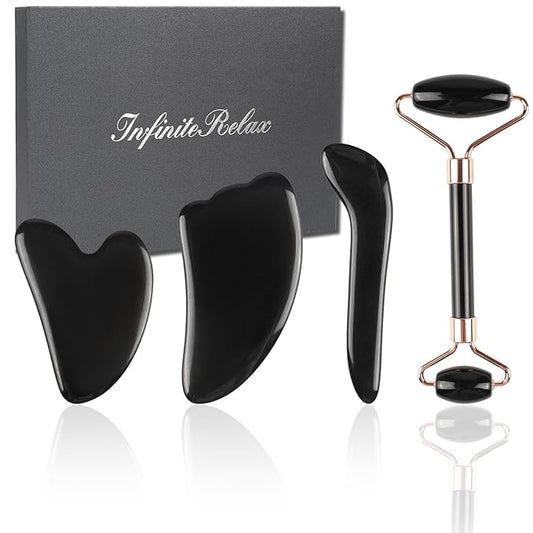 Natural Jade & Obsidian Gua Sha Set of 4 - Premium Face Sculpting Tools Eyes Roller Massager Jade Roller for Jawline, Double Chin Reduction & Lymphatic Drainage Women's Anti-Aging Skincare Kit