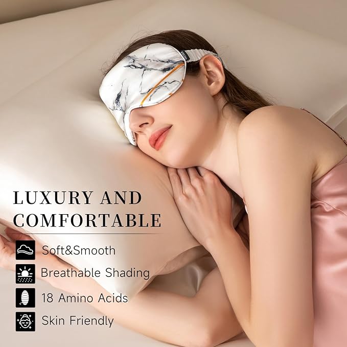 THXSILK Sleep Mask 100% 19 Momme Pure Mulberry Silk Super Smooth Cooling Decorative Sleep Eye Mask Blackout Eye Cover with Wide Head Strap, Marble-White