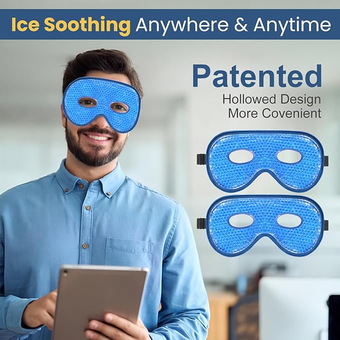 BeeVines Gel Eye Mask, 2 Pack XL Jumbo Size Cooling Ice Masks for Puffy Eyes for Men & Women, Cold & Warm Compress for Post Surgery, Puffiness, Allergies, Sinuses & Migraines Treatment(Navy Blue)