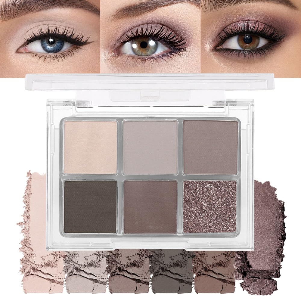 6 Colors Glitter Matte Eyeshadow Palette, Natural Nude Smoky Black Coffee Wine Red Sparkly Eyeshadow Palette Makeup, Smokyd Eye Shadows Palette Long Lasting Naturing-Looking Women Girls Eye Shadow 02