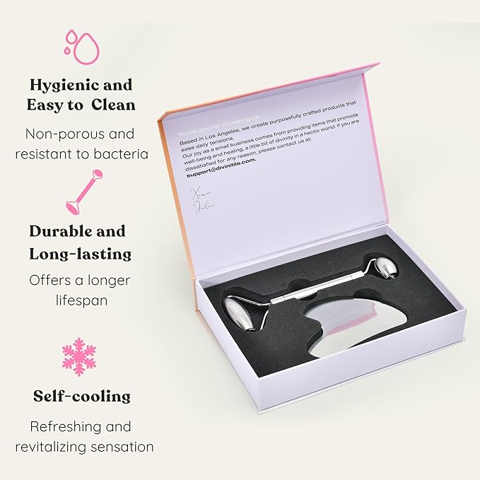 Stainless Steel Face Roller - Premium Gua Sha Facial Tools Stainless Steel GuaSha Tool and Face Roller Set - Gua Sha Stainless Steel Gua Sha Tool - Metal Face Roller and Gua Shua Set - Spa Gifts