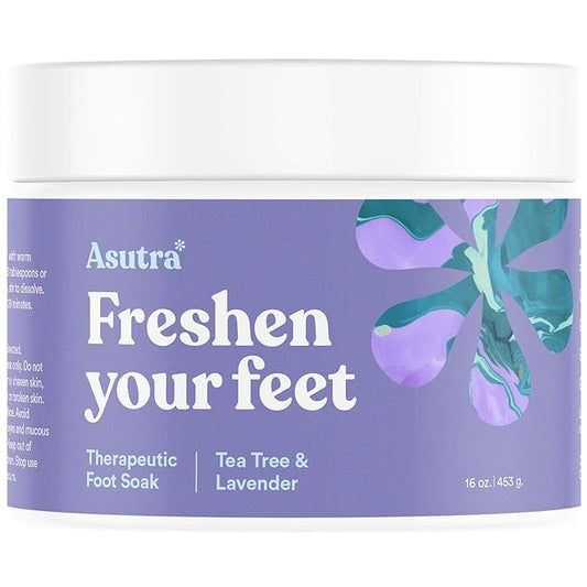 ASUTRA Invigorating and Therapeutic Foot Soak + Pedicure Pumice Stone (Dead Sea Salt w/Tea Tree & Lavender Oils), 16 oz - Helps to Soften Calluses, Corns, and Cracked Feet