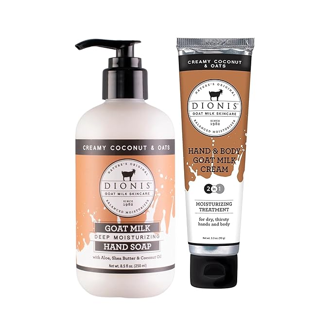 Dionis Goat Milk Skincare Creamy Coconut & Oat 8.5oz Hydrating Body Lotion and 3.3oz Hand & Body Moisturizing Travel Size Cream Bundle, Natural Ingredients, Made in the USA, Cruelty Free, Paraben Free