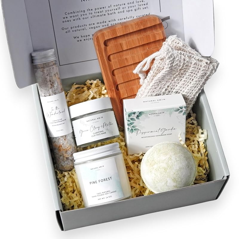 Natural Amor Cozy Spa Gifts for Women and Men,7pcs Self Care Box Including Soap Bar, Candle, Bath Bomb, Bath Salt, Thank You Gift