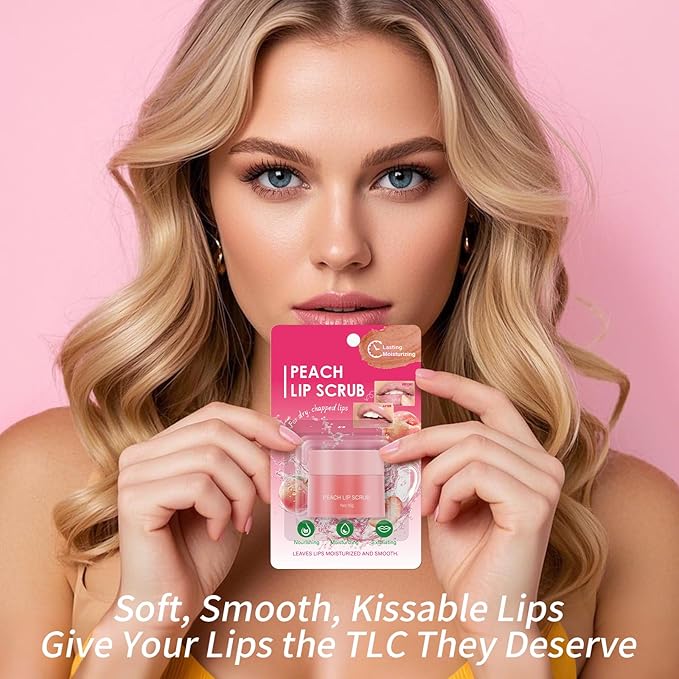 Peach Lip Scrub for Women Dry, Cracked and Dark Lips – Lip Scrubber Exfoliator and Organic Lip Scrubs Exfoliator and Moisturizer with Lip Brush – Vegan, Cruelty-Free Lip Care Products