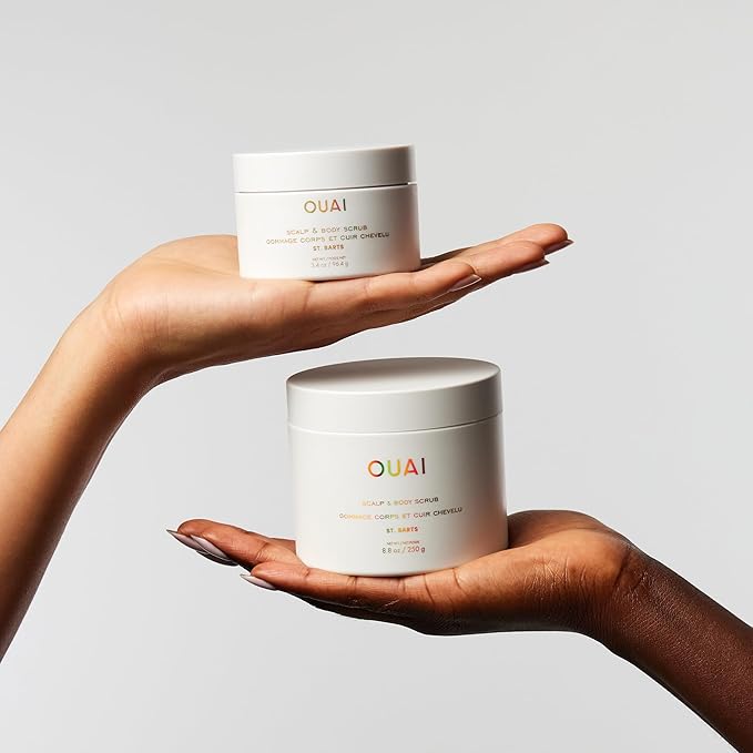 OUAI Scalp & Body Scrub, St. Barts Travel Size - Exfoliating Body Scrub with Sugar & Coconut Oil Blend for Smooth, Moisturized Skin - Gentle Scalp Scrub for Removing Product Build Up (3.4 oz)