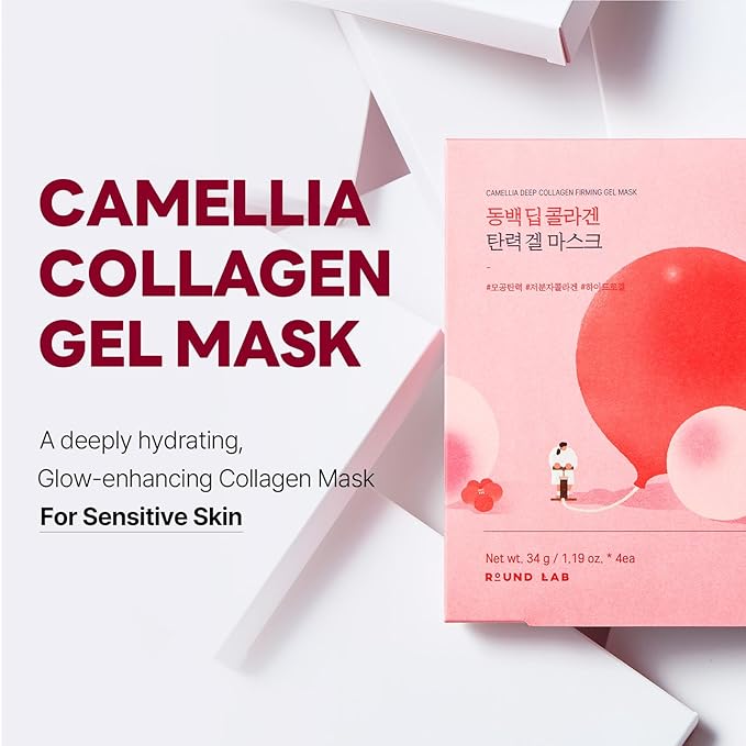 ROUND LAB Camellia Collagen Mask NET wt. 34 g/1.19 Fl Oz 4ea, 30min Hydrogel Mask, Quick Hydration, Firming&Pore Minimizing, For sensitive skin, Micro molecule collagen, Facial Mask