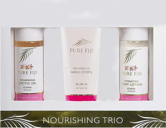 Pure Fiji Nourishing Trio, Ideal Spa Bath Gift Set for Women - Travel Kit - Includes Exotic Body Oil, Hydrating Body Lotion For Women and Nourishing Hand Cream, Guava Scent