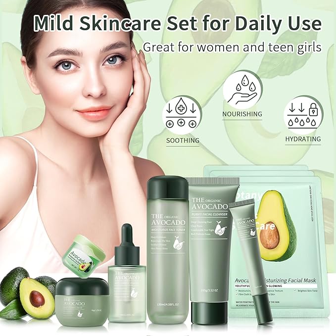 Avocado Skin Care Set, 9-In-1 Travel Skincare Kits for Hydrating & Soothing Skin, Daily Care Routine Kit with Avocado, Anti Aging Facial Kit for Women, Reduces Acne, Fine Lines & Wrinkles.