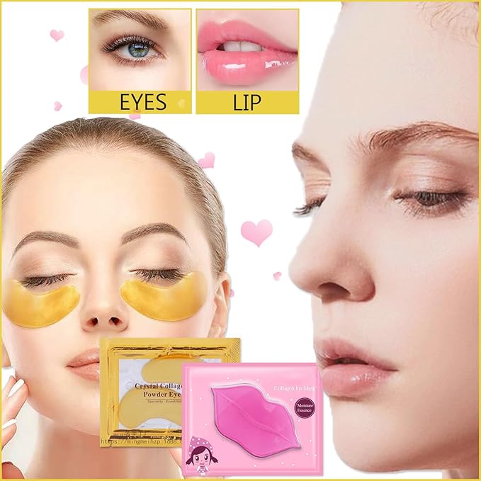 Sulily 30 Pairs Lip Masks & Eye Mask,24K Gold Gel Crystal Collagen Eye Patches for Puffy Eyes,Effectively Nourishes,Moisturizing& Reducing Fine Lines Dark Circleeye Patches for Women Men