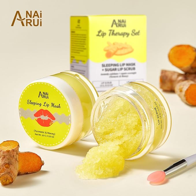 ANAI RUI Lip Care Kit - Sugar Scrub Set, Sleeping Mask & Exfoliator - Overnight Skin Treatment - Scrub & Moisturizer for Dry Chapped Cracked Peel Lips (Turmeric+Honey)