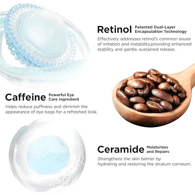 MOMOHOO Retinol Caffeine Under Eye Cream – Anti-Aging Eye Cream with Soluble Collagen for Puffiness, Wrinkles, and Under-Eye Bags, Hydrating & Soothing Formula for Women (0.68 fl. oz)