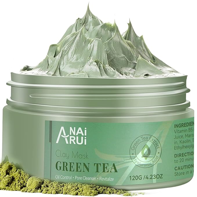 ANAI RUI Green Tea Mask, Clay Mask for Poreless Deep Cleanse, Green Tea Face Mask Blackhead Remover with Kaolin, Aloe, Collagen, Pore Minimizer, Hydrating, Moisturizing