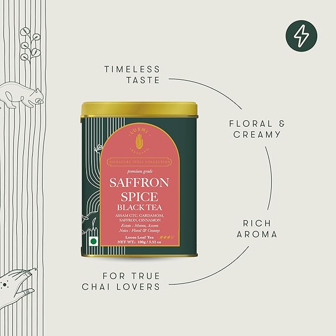 Luxmi Estates Saffron Chai | 100 gm | Signature India collection | Assam CTC Tea | Black tea collection | Saffron chai Organic Strong tea | Antioxidants | Assam Valley tea | Kashmiri Saffron, Cinnamon, Natural Cardamom Extract