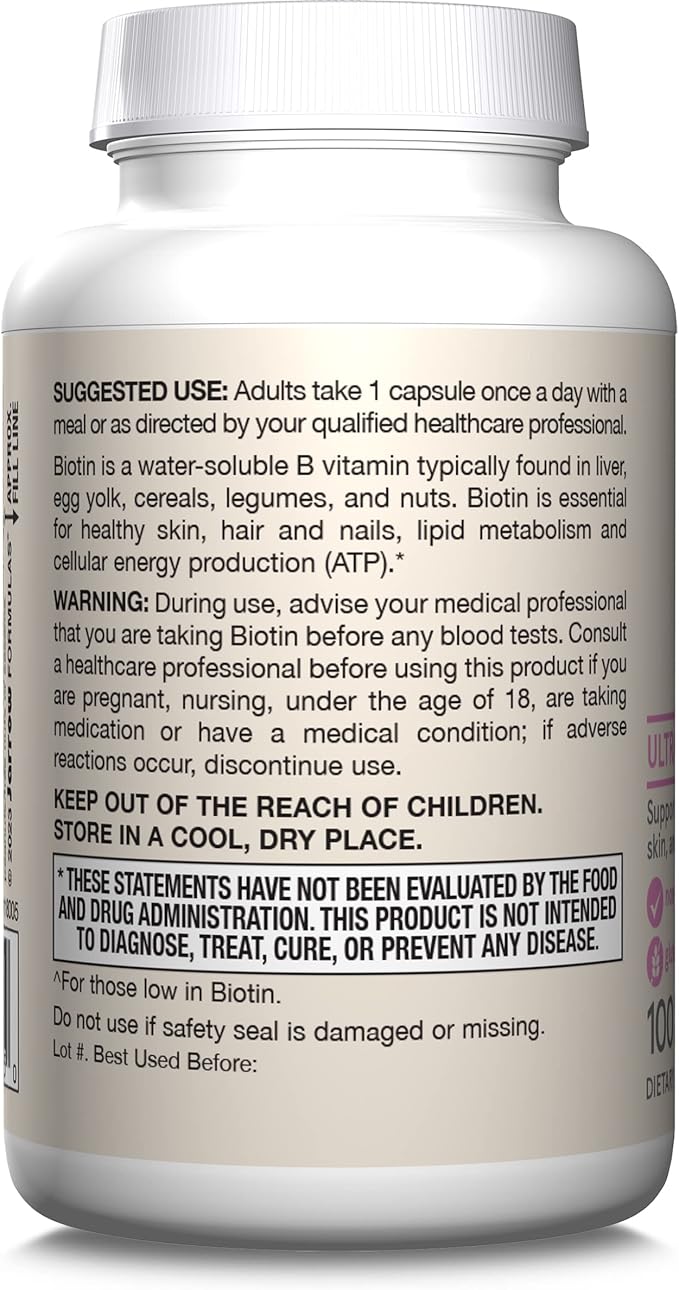 Jarrow Formulas Biotin Ultra Strength 5000 mcg, Dietary Supplement, Hair, Skin, and Nails Support, 100 Veggie Capsules, Up to 100 Day Supply