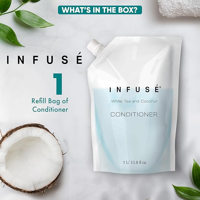 1 Liter Conditioner Refill Bag For Soap Dispensers | Bulk Toiletries for Vacation Rentals, and Home Bathroom Showers | White Tea and Coconut | Single