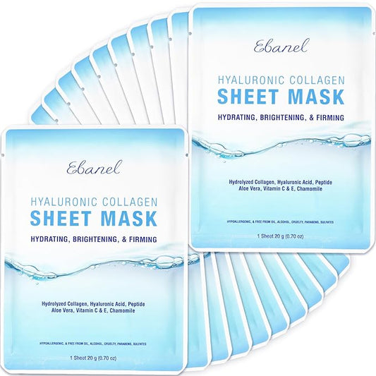 Ebanel 20 Pack Collagen Peptide Hydrating Face Masks, Instant Brightening Firming Anti Aging Face Sheet Masks, Moisturizing Spa Facial Mask Skincare with Hyaluronic Acid, Vitamin C, Chamomile, Aloe