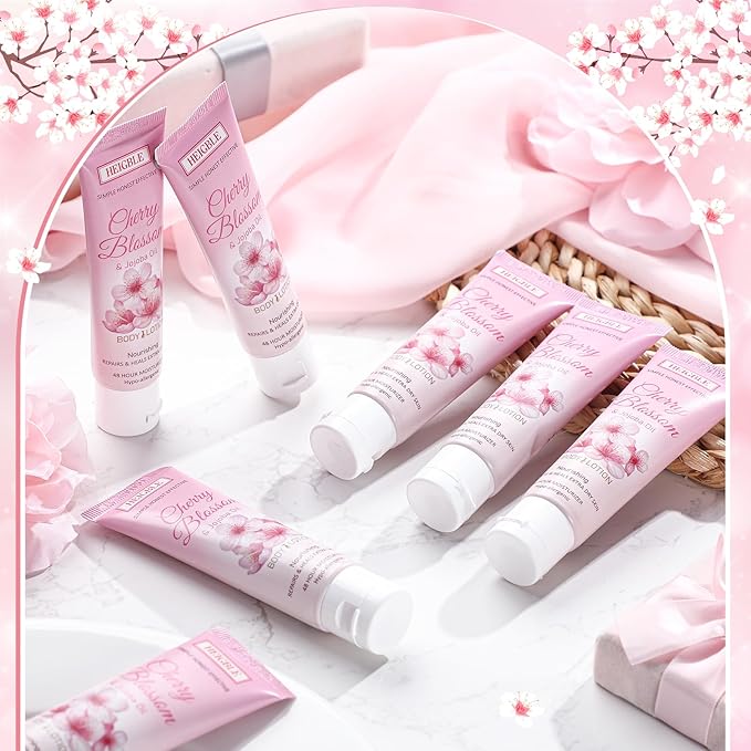 50 Pack Travel Size Body Lotion 1 oz Cherry Blossom and Jojoba Oil Body Lotion Dry Skin Moisturizer with Flip Cap for Extra Dry Skin, Inns, Hotels Resorts, Airlines, Offices, Gyms and More