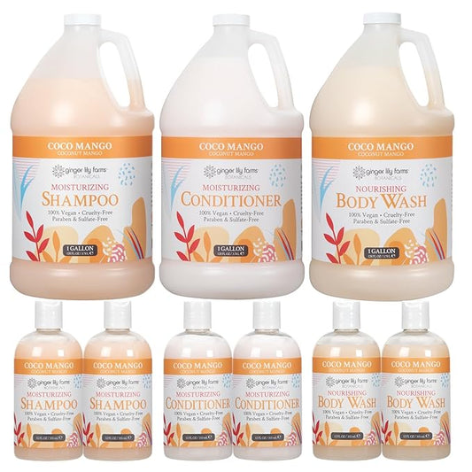 Ginger Lily Farms Botanicals Hospitality Kit, Coco Mango, 9-Pc Set Includes Shampoo, Conditioner & Body Wash, 100% Vegan & Cruelty-Free, Coconut Mango Scent