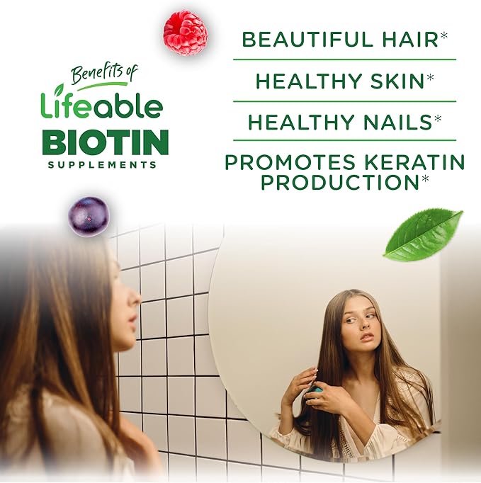 Lifeable Teens Biotin 10000mcg Gummies | Vitamin B7 | Vegan Biotin Supplement | Great Tasting Biotin Gummies for Hair Growth, Healthy Skin and Nails | Biotin Vitamins for Teens | 90 Gummies