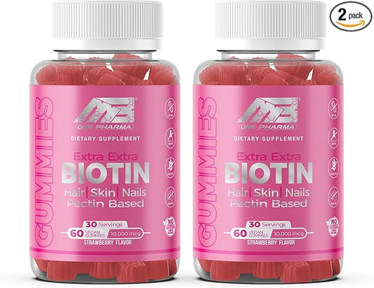 MB One Biotin Gummies-High Potency-Healthy Hair, Skin and Nails Strengthening, Vitamin B7, (10000 Mcg) Non-GMO, Pectin Plant Based, for Kids and Adult, Strawberry Natural Flavor 2 Pack
