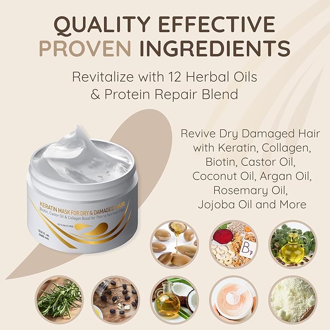 VITAMINS hair cosmetics Keratin Hair Mask Deep Conditioner - Biotin Collagen Protein & Castor Oil Repair for Dry Damaged Hair - Conditioning Treatment for Curly or Straight Thin Fine Locks