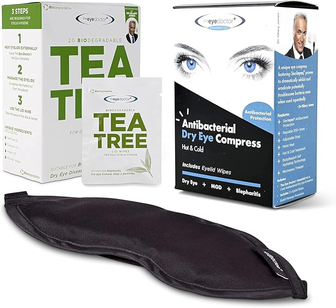 The Eye Doctor Essential Treatment Bundle - Reusable Hot Cold Eye Compress & 20x Single Use Tea Tree Eyelid Wipes for Dry Eye, Blepharitis & MGD - Microwave Safe Mask
