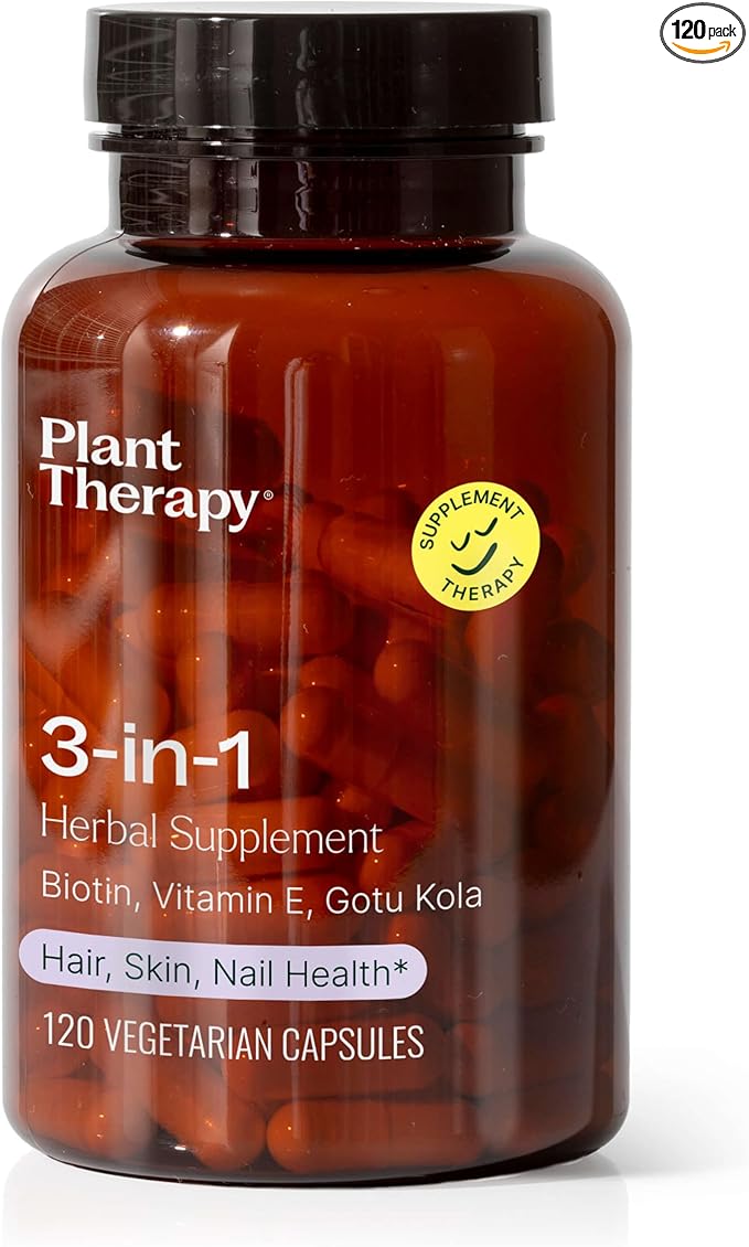 Plant Therapy 3-in-1 Herbal Supplement Capsules, Radiant Skin, Hair Growth, Strong Nails, Potent 3,500 mcg of Biotin, 120 Vegetarian Capsules (4 Month Supply), Made in The USA