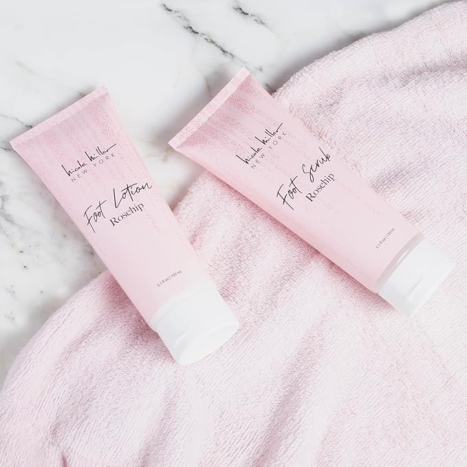 Nicole Miller Bath and Body Present Set Piece Foot Spa Set with Fuzzy Slippers, a Sponge, Foot Lotion, and Foot Scrub, Rosehip with Sparkle Star Slippers