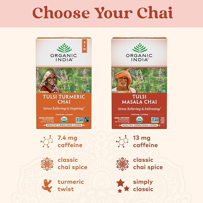 Organic India Tulsi Masala Chai Tea Bags - Holy Basil, Black Tea, Spices with Ginger, Stress Relieving, Immune Support, USDA Certified Organic, Antioxidant, Caffeinated - 18 Infusion Bags, 6 Pack