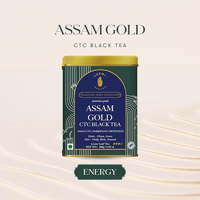 Luxmi Estates Assam Gold Chai | 100 gm | Signature India Collection | CTC Tea | Black tea collection | Organic Strong tea | Antioxidants | Assam Valley tea | Cardamom, Saffron, Cinnamon, Natural Cardamom Extract