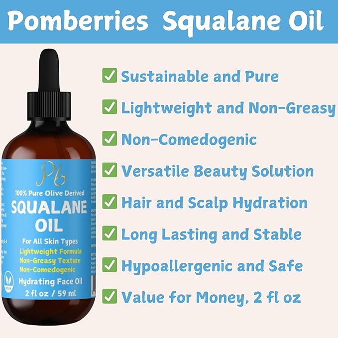 100% Pure Squalane Oil – Hydrating & Anti-Aging Moisturizer – Lightweight, Non-Greasy & Fast-Absorbing – Plant-Derived & Non-Comedogenic – Squalane for Face, Skin & Hair, 2 fl oz