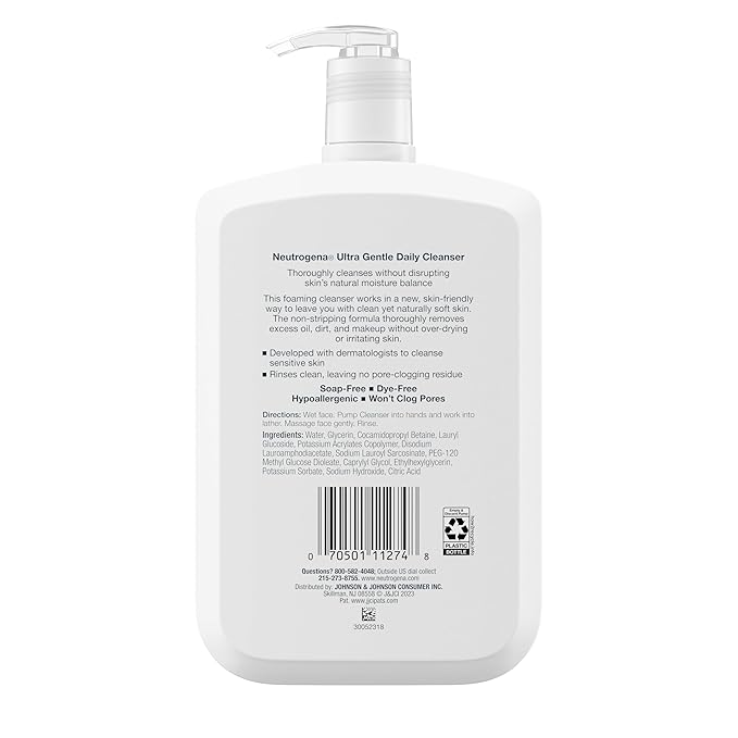 Neutrogena Fragrance Free Ultra Gentle Foaming Daily Cleanser, Hydrating Face Wash for Sensitive Skin, Removes Makeup & Gently Cleanses Without Over Drying, Hypoallergenic, 16 fl. oz