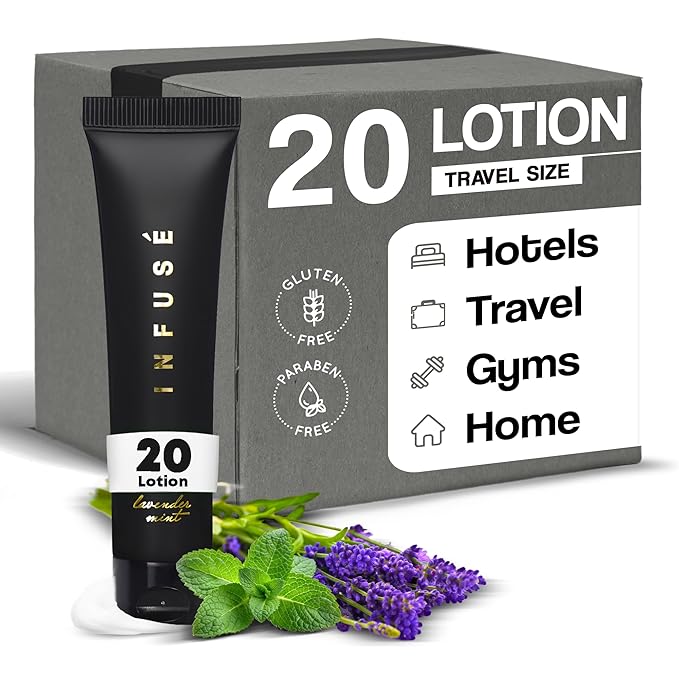 Infuse Black Hotel Toiletries Bulk | 1 oz Lotion Travel Size | For Hotels, Vacation Rentals, Gym, Luxury, Airport | Case of 20