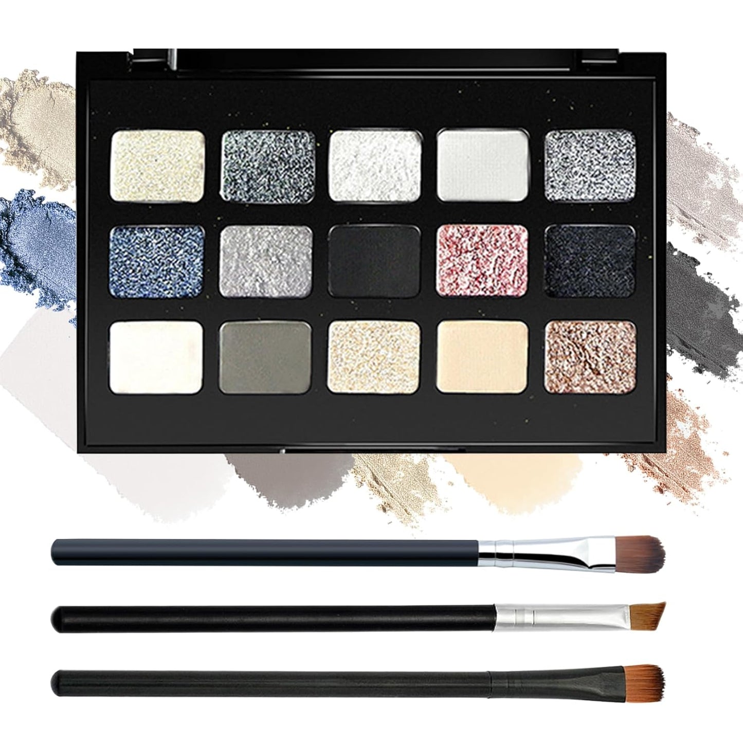 Black Grey Smoky Eyeshadow Palette,15 Colors Matte Shimmer Pigmented Eye Shadow Makeup Palette Set with 3 Eyeshadow Brushes,Glitter Eyeshadow Makeup Palette for Daily Halloween Goth Makeup(M)