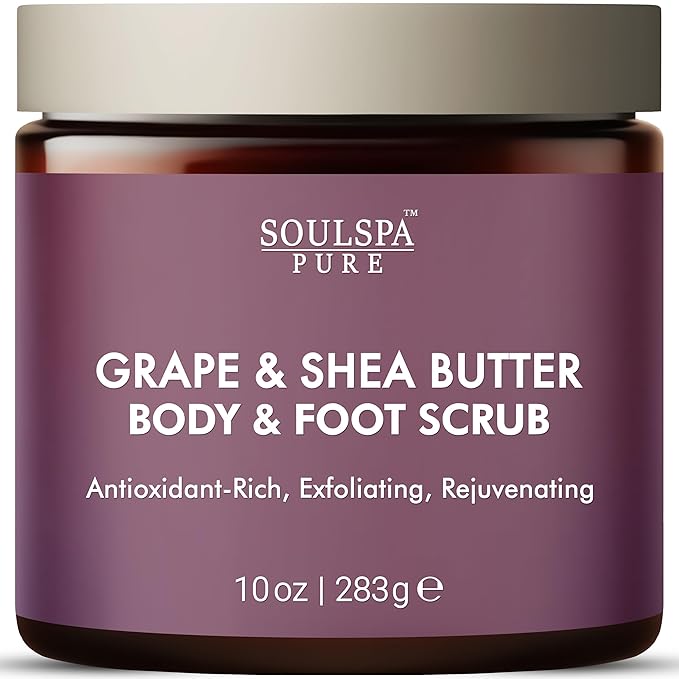 Grape & Shea Butter Body & Foot Scrub - Rejuvenating & Antioxidant Rich Exfoliating Body Scrub for Glowing Skin, 10 oz