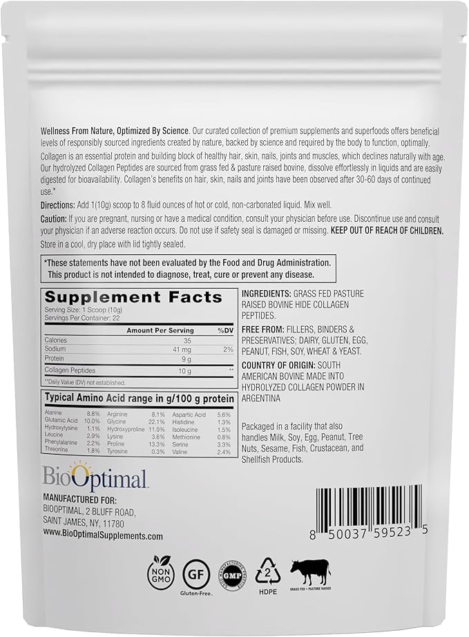 Collagen Peptides Powder - Grass-Fed, Pasture-Raised Hydrolyzed Protein Supplement for Skin, Hair, & Nails - Non-GMO, Zero Sugar Daily Supplement for Men & Women (22 Servings)