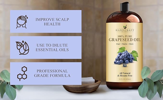 Handcraft Blends Grapeseed Oil - Cold-Pressed 28 Fl Oz - 100% Pure and Natural - Premium Grade Carrier Oil for Skin and Hair - Hair and Body - Massage - Hexane-Free