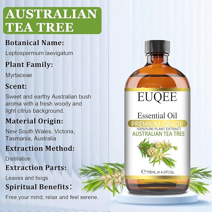Australian Tea Tree Essential Oil (4 oz/118 ml) Premium Grade Australian Tea Tree Oil Essential, Perfect for Diffusers, Humidifier, Candle Making, Soap & Candle Making