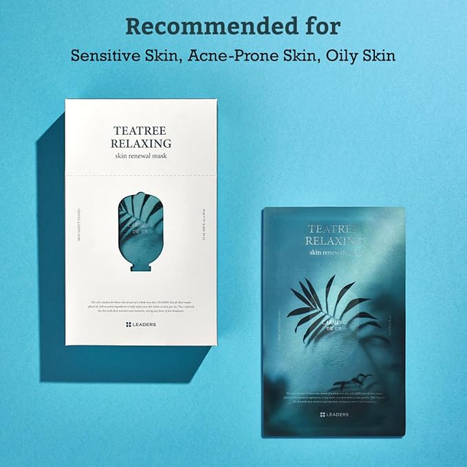 LEADERS Teatree Relaxing Skin Renewal Mask – Soothes & Calms Sensitive, Acne-Prone Skin – Controls Excess Oil & Reduces Redness – Hydrating and Refreshing Sheet Mask for Oily Skin – 10 Sheets