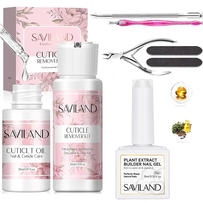 SAVILAND Cuticle Remover and Cuticle Oil Kit – Castor Oil & Vitamin E Clear Builder Nail Gel Cuticle Remover Liquid & 1.01 oz Cuticle Oil Cuticle Trimmer for Cuticle Softener & Moisturize