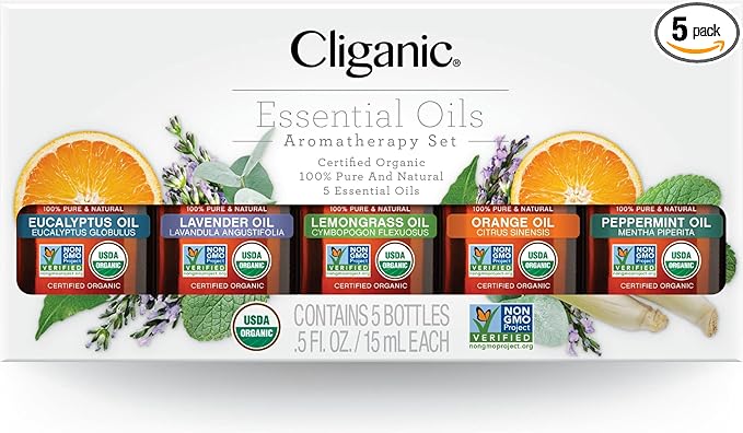 Cliganic Organic Essential Oils Set (Top 5 x 15ml) - 100% Pure Natural - Aromatherapy, Candle Making - Peppermint, Lavender, Eucalyptus, Lemongrass & Orange