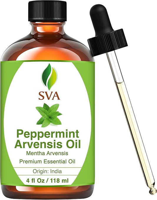 SVA Peppermint Essential Oil – 4 Fl Oz – 100% Natural Peppermint Oil - for Diffuser, Hair Care, Face, Skin Care, Aromatherapy, Scalp and Body Massage, Soap and Candle Making - with Dropper