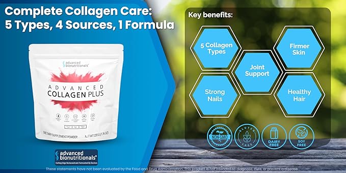 Advanced Collagen Plus Powder – 5 Types of Collagen (I, II, III, V, X) with Biotin & Chondroitin Sulfate – Supports Skin, Hair, Joints & Nails – Unflavored, Easy-Mix Formula