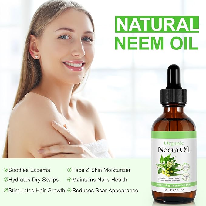 Neem Oil for Skin – 100% Natural Cold Pressed Neem Oil - for Face, Skin Care, Hair Care, Scalp Massage & Body Massage，Hair Growth, Acne, Anti-Aging Moisturizer (2.02 Fl Oz)