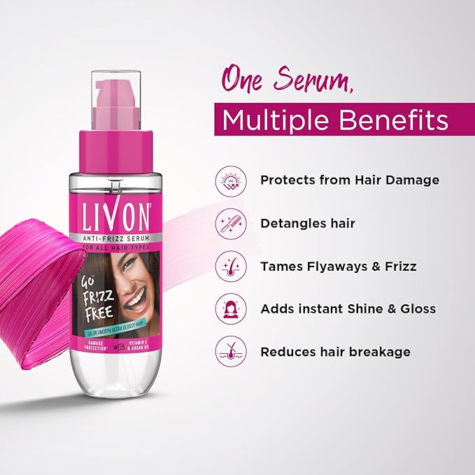 Livon Hair Serum for Men & Women | Frizz-free, stronger and shinier hair | Sulphate & Paraben free| For All Hair Types | Enriched with Argan Oil & Vitamin E | 3.3 Fl.Oz | Pack of 2