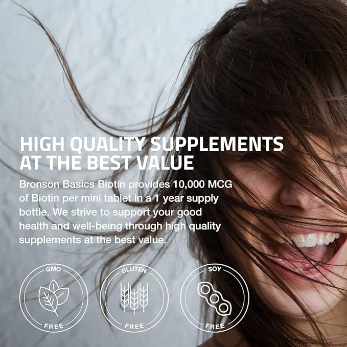 Bronson Biotin 10,000mcg, Supports Healthy Hair, Skin and Nails, Vegetarian, Non-GMO, 360 Tablets
